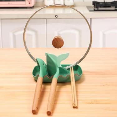 Imagem de Descanso de colher e tampa para balcão de cozinha, suporte criativo de tampa de rabo de peixe multifuncional para descanso de colher, descanso de utensílios com suporte de tampa de panela para bancada