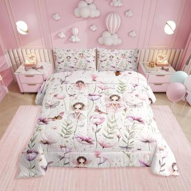 Imagem de Erosebridal Jogo de cama solteiro com estampa de jardim de fadas, borboleta e floral, flores roxas e rosa, decoração de quarto de fadas caprichosas com 1 fronha