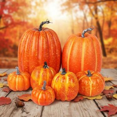Imagem de Geelin 7 peças sortidas de abóboras artificiais laranja 7 chapéus de palha de outono, 4 adesivos artificiais de girassol e abóbora para decoração de outono e dia das bruxas