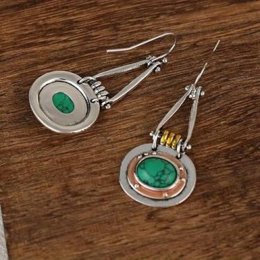 Imagem de Brincos pendentes de turquesa vintage na moda, brincos longos prateados, estilo étnico, acessórios de personalidade, acessórios diários para festa, aniversário, joias, Standard, Liga de aço, Sem pedra