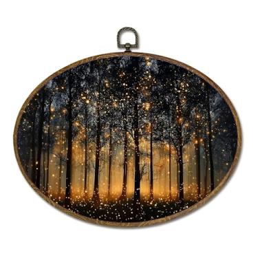 Imagem de LKETW Decoração de parede oval de floresta encantada vintage, decoração de parede oval mística Moody Firefly, decoração de parede de paisagem de floresta escura Academia para casa, quarto, sala de