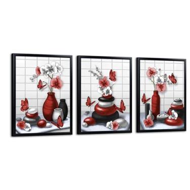 Imagem de RnnJoile Decoração de banheiro vermelha imagens Zen arte de parede flor orquídea pedra zen moderna decoração de banheiro moldura preta 30 x 40 cm cada peça
