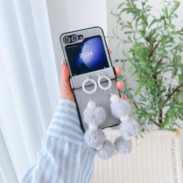 Imagem de Capa para Samsung Galaxy Z Flip6 com alça de pulso de couro sintético perolado e proteção de dobradiça, capa à prova de choque (para Samsung Galaxy Z Flip6/cinza)