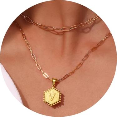 Imagem de Colar feminino com inicial em camadas, aço inoxidável banhado a ouro 18K, pingente de clipe de papel duplo A a Z, conjunto de duas correntes destacáveis, 16.5in/ 14+2in, Aço inoxidável, Sem Pedra