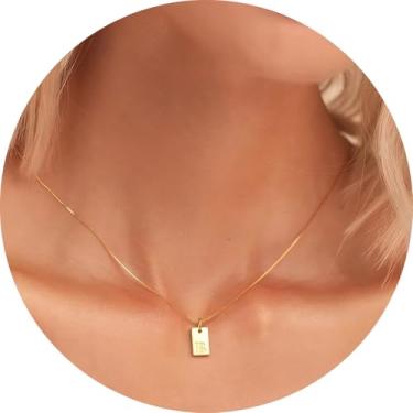 Imagem de Colar com inicial feminina, pingente retangular banhado a ouro 18K, joia mínima de A a Z, colar personalizado, 18+2in, Aço inoxidável, Sem Pedra Preciosa