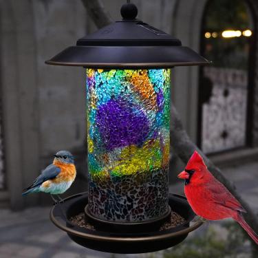 Imagem de Alimentador solar de pássaros para pendurar ao ar livre - pequeno alimentador de pássaros com vitral de mosaico - atrai cardeais e tentilhões - presente de decoração de jardim para pais e amantes de