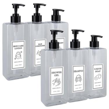 Imagem de DEROANBOTT Conjunto de dispensador de gel de banho, frascos de xampu de plástico reutilizáveis com etiquetas à prova d'água, 500 ml, pacote com 6 (transparente)