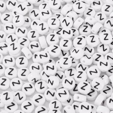Imagem de Spritewelry 500 peças de contas de acrílico com letra branca Zlphabet contas planas redondas com letra Z com orifício horizontal para artesanato, pulseira, colar, chaveiro, cordão