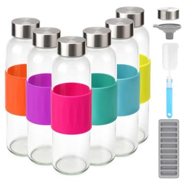 Imagem de Zukro Garrafas de vidro para suco com tampas para suco de 510 g, garrafas de água de vidro transparente reutilizáveis com tampa hermética de aço inoxidável e manga de silicone, 100% à prova de