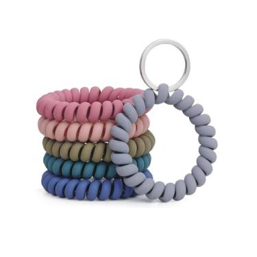 Imagem de 6 peças, pulseira extensível, chaveiro de pulso, bobina espiral flexível de mola, porta-chaves de pulso para sauna, academia, piscina, crachá de identificação e esportes ao ar livre