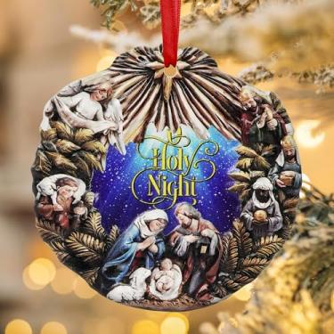 Imagem de Ornamento de presépio de noite sagrada – Decoração de árvore de Natal de porcelana 3D com sagrada família, anjos e homens sábios – Ornamento de Natal religioso para decoração de casa cristã e