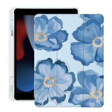 Imagem de BlHMCASE Linda flor floral para iPad Air 11 polegadas 7ª/6ª geração (M3/M2) 2025/2024 com suporte para lápis, hibernar/despertar automático, capa traseira de TPU macio de couro azul
