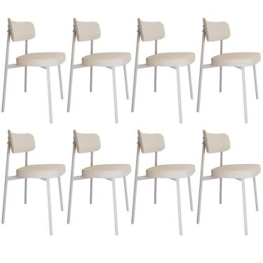 Imagem de Kit 08 Cadeiras Estofada Para Sala De Jantar Astrid Branco C01 Linho Palha - Lyam Decor