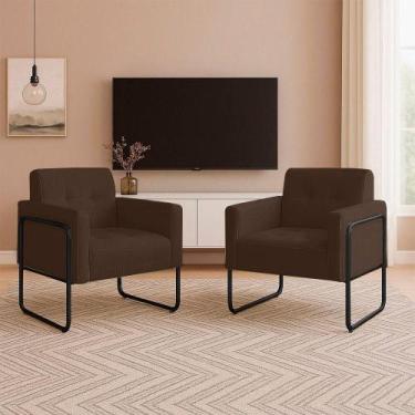 Imagem de Poltrona Sala Industrial Alta Tubo Preto Kit 2 Elisa Suede Marrom D03 