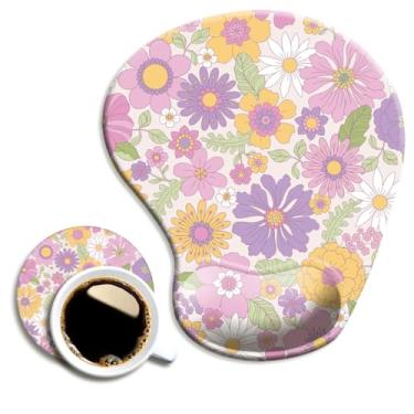 Imagem de Mouse pad ergonômico com suporte de pulso e porta-copos, mouse pads com base de poliuretano antiderrapante para trabalho em casa, escritório, estudo, digitação fácil e alívio da dor, margarida