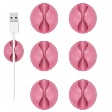 Imagem de Suporte de cabo, clipes de cabo, 6 peças, organizador de cabos adesivos rosa, suporte de carregador para mesa de cabeceira, mesa, escritório ou mouse