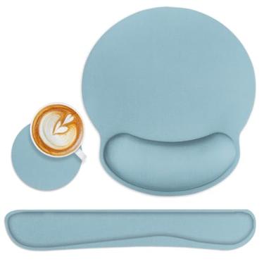 Imagem de Britimes Conjunto de mouse pad ergonômico azul com descanso de pulso azul base de borracha antiderrapante suporte de almofada de pulso e porta-copos mousepad com suporte de pulso para teclado de