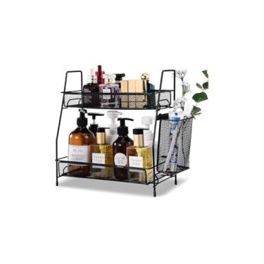 Imagem de Organizador Multiuso de Metal com 2 Andares, Preto, 45x22x41cm, Suporte para Cozinha, Bancada e Área de Serviço, com Compartimentos para Facas, Utensílios e Detergente