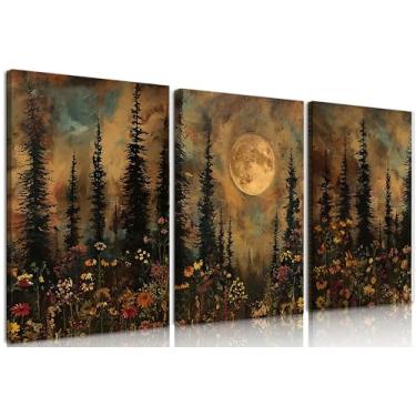 Imagem de Frimeeme - Arte de parede vintage da floresta da lua, conjunto de impressão em tela de 3 peças, pinheiros, flores silvestres, decoração de natureza rústica para casa de fazenda, quarto, sala de estar