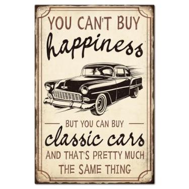 Imagem de GLOBLELAND Placa de lata "You Can't Buy Happiness" placa de lata de carros clássicos placa de metal vintage 30 × 20 cm placas de decoração de parede engraçadas para decoração de casa, bar, cafeteria