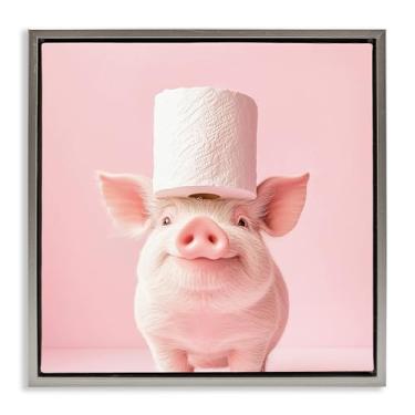 Imagem de Stupell Industries Silly Piggy Pink Papel Higiênico Cinza Emoldurado Tela Flutuante Arte de Parede Design por Heidi Kuntz, 45,7 x 45,7 cm
