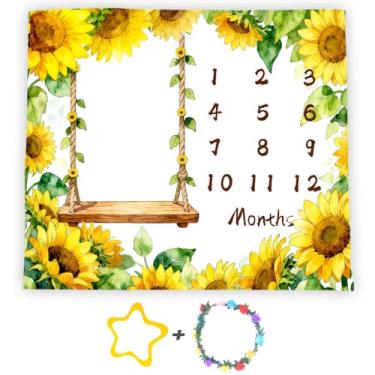 Imagem de Cobertor mensal de bebê com girassol para meninas, cobertor floral amarelo para bebê, adereços rústicos para fotografia de recém-nascido, presentes de chá de recém-nascido para mãe, flanela macia, 122