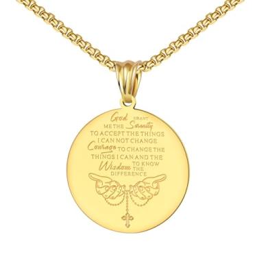 Imagem de UTHOSMDO Colar de oração da serenidade, corrente de aço inoxidável, pingente de escritura religiosa, aço inoxidável polido, medalhão redondo com design de cruz, 60cm, Aço inoxidável, Sem Pedra