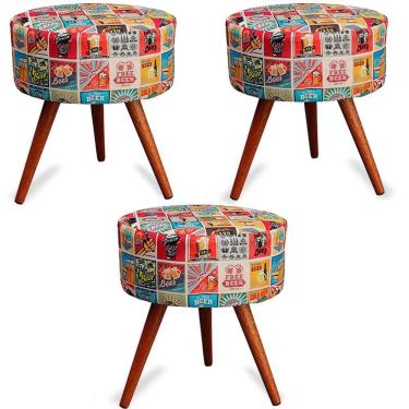 Imagem de Kit 3 Puff Cama Inbox Las Vegas Redondo Com Pés Em Madeira Maciça Tecido Suede