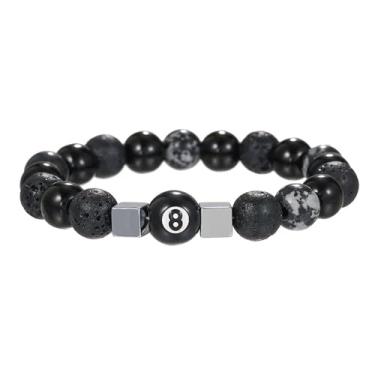 Imagem de Dhdfisd Pulseira de 8 bolas de bilhar preta legal punk natural pedra vulcânica obsidiana com contas para mulheres e homens, dia dos pais, Adjustable, Pedra, Sem Pedra Preciosa