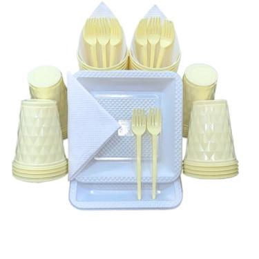 Imagem de Kit Festa Aniversário Itens Descartáveis Premium - Conjunto Copos, Pratos e Talheres em Cor Pastel para Aniversário, Casamento e Eventos(Amarelo Candy)