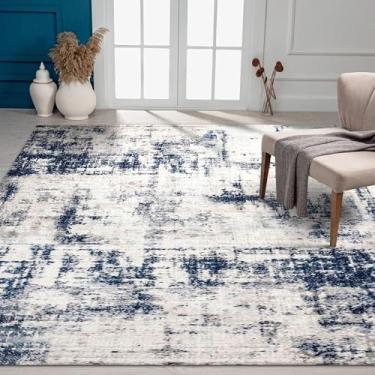 Imagem de vivorug Tapete lavável, tapete ultramacio 7 x 12 cm, tapete abstrato antiderrapante, dobrável, resistente a manchas para sala de estar e quarto, tapete felpudo moderno (azul marinho/marfim, 90 x 1,5