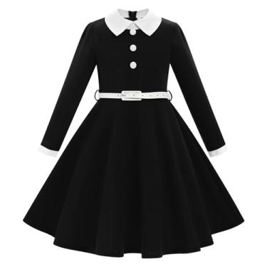 Imagem de Vestidos vintage dos anos 50 de manga comprida para meninas, vestidos da década de 1950, para crianças, rockabilly, baile, casual, festa de aniversário, vestido rodado com cinto, Preto, 9-10 Anos