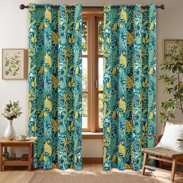 Imagem de keensoft Cortinas blackout botânicas 100% para quarto 153 cm de comprimento, conjunto de 2 painéis, verde-escuro, planta, floral, preto, cortinas isoladas, ilhós, escurecimento de quarto, cortinas de