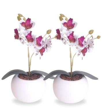 Imagem de Conjunto de orquídeas artificiais em miniatura com vaso decorativo branco e casca de pinheiro natural – arranjo de vaso artificial, plantas artificiais decorativas(PINTADA)