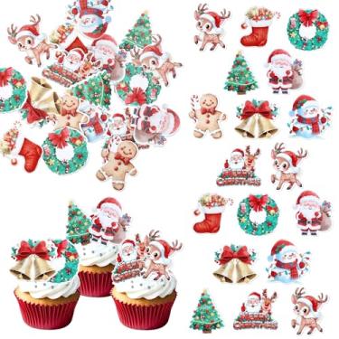 Imagem de Pacote com 63 topos de cupcake de Natal comestíveis, papel de arroz, alce, papai noel, papai noel, pão de gengibre, palitos de cupcake, gravata, grama, círculo, sinos de Natal, decorações de bolo para