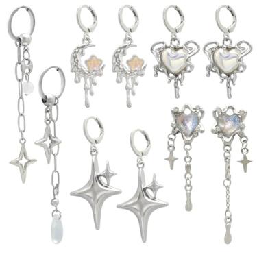 Imagem de RechicGu Conjunto de 5 pares de brincos de argola Y2K com ponta de estrela e pedra da lua, para mulheres, grunge, emo, gótico, coração, corrente de lágrima, brincos pendentes Y2K, acessórios para