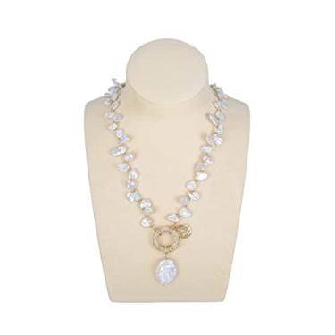 Imagem de URMIBDAI Colares Femininos Joias Cultivadas em Água Doce Branco Keshi Colar de Pérola Pingente de Moeda Fecho 45,7 cm para Mulheres