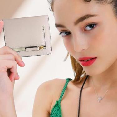 Imagem de Carteira pequena fina e curta, porta-moedas com bolso com zíper, suporte para cartão, clipe compacto para dinheiro, viagens, compras, uso diário, Rosa e branco, 3.94X3.55X0.6Inches, Minimalista