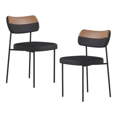 Imagem de Kit 02 Cadeiras Sala De Jantar Lila Estofada Couríssimo Whisky Linho Grafite - Abmaza