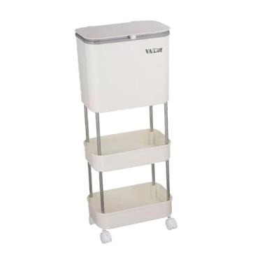 Imagem de Bothyi Lixeira com polia, lata de lixo dupla, prateleira de armazenamento estreita, grande capacidade, lixeira portátil com tampa, lata de lixo, BRANCO, 3 camadas