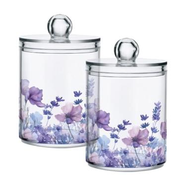 Imagem de ATTX Dispensador de suporte Qtip de flor de lavanda para bola de algodão, cotonete, frasco de boticário de plástico transparente, decoração de casa, pote de armazenamento de cozinha, pacote com 2 (296