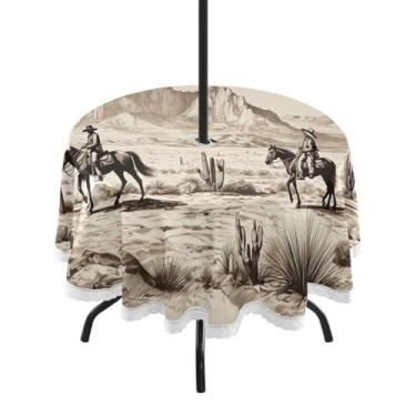 Imagem de Blueangle Toalha de mesa redonda impermeável de 152 cm para ambientes externos Western Cowboys com orifício para guarda-chuva - Tecido resistente à prova de sol para todos os climas para pátio