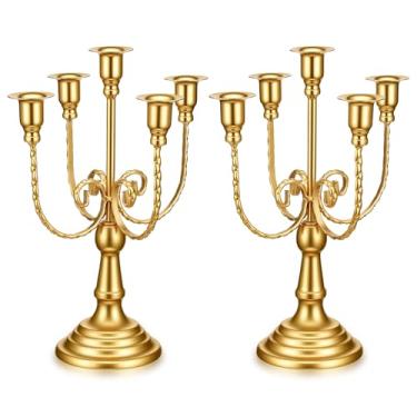 Imagem de Castiçal dourado com 5 braços, conjunto de 2 castiçais de metal para velas cônicas, centros de mesa de centro de mesa para mesa de centro de mesa, sala de jantar, casamento, aniversário, decoração de