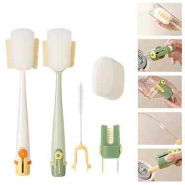 Imagem de Escova de limpeza multifuncional 5 em 1, conjunto de escovas de limpeza de garrafa 5 em 1, canudo, tampa, lacuna e escovas de copo para viagens e uso doméstico (amarelo + verde)