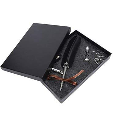 Imagem de Conjunto de canetas de pena Caneta de mergulho para escrita de penas Presente vintage de caligrafia antiga para alunos Professores Escritores com 5 pontas de reposição Suporte (Preta)