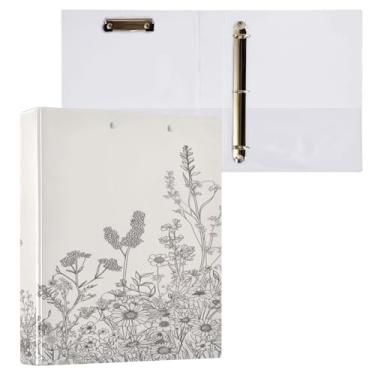 Imagem de Blueangle Fichário de 3 anéis de flores pretas e brancas com prancheta e 2 bolsos - Organizador de documentos decorativos de 3 cm para escritório, suprimentos para reuniões (855)