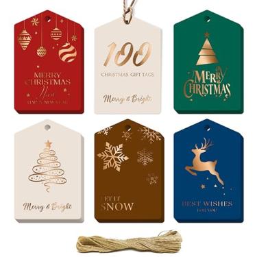 Imagem de 100 peças de etiquetas de presente de Natal, etiquetas de embrulho de presente com design de folha dourada com corda de 33 metros, etiquetas de nome de Natal para embalagens de artesanato de artes