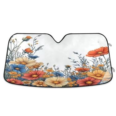 Imagem de ATTX Pára-brisas de carro colorido flores silvestres 144.8 cm x 80.0 cm escudo solar universal com proteção UV, persiana de janela frontal automática dobrável para caminhões Sedans SUVs #644