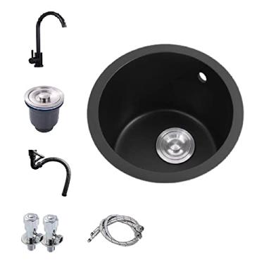 Imagem de Tigela única para pia de cozinha, pia de barra pequena com torneira, pias de cozinha pequenas para casa pequena, pia de cozinha redonda de granito feita à mão, aquecimento anticongelante