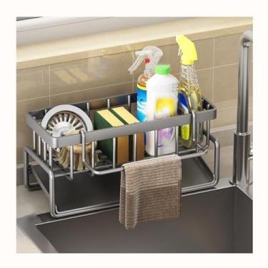 Imagem de HGTRH Organizador de pia, organizador de cozinha suporte de esponja com bandeja de drenagem automática e suporte de pano para cozinha e banheiro cinza